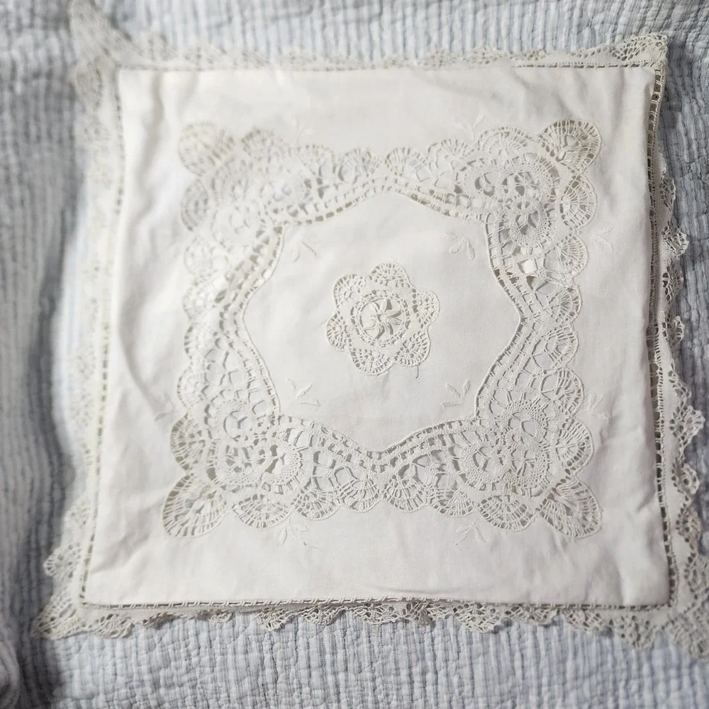 Vintage White Lace Cotton Pillow Sham Handmade Embroidery Scalloped Edge Square